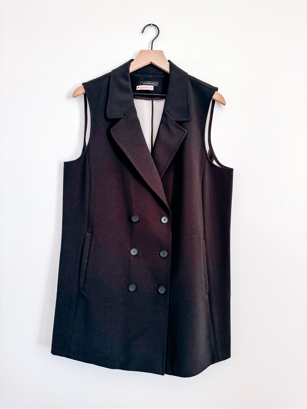 Ann Taylor Black Double Breasted Longline Blazer Vest Sleeveless Jacket